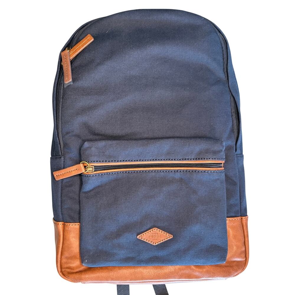 NWT Fossil Estate Navy Blue Canvas Brown Leather Classic Vintage Retro Backpack